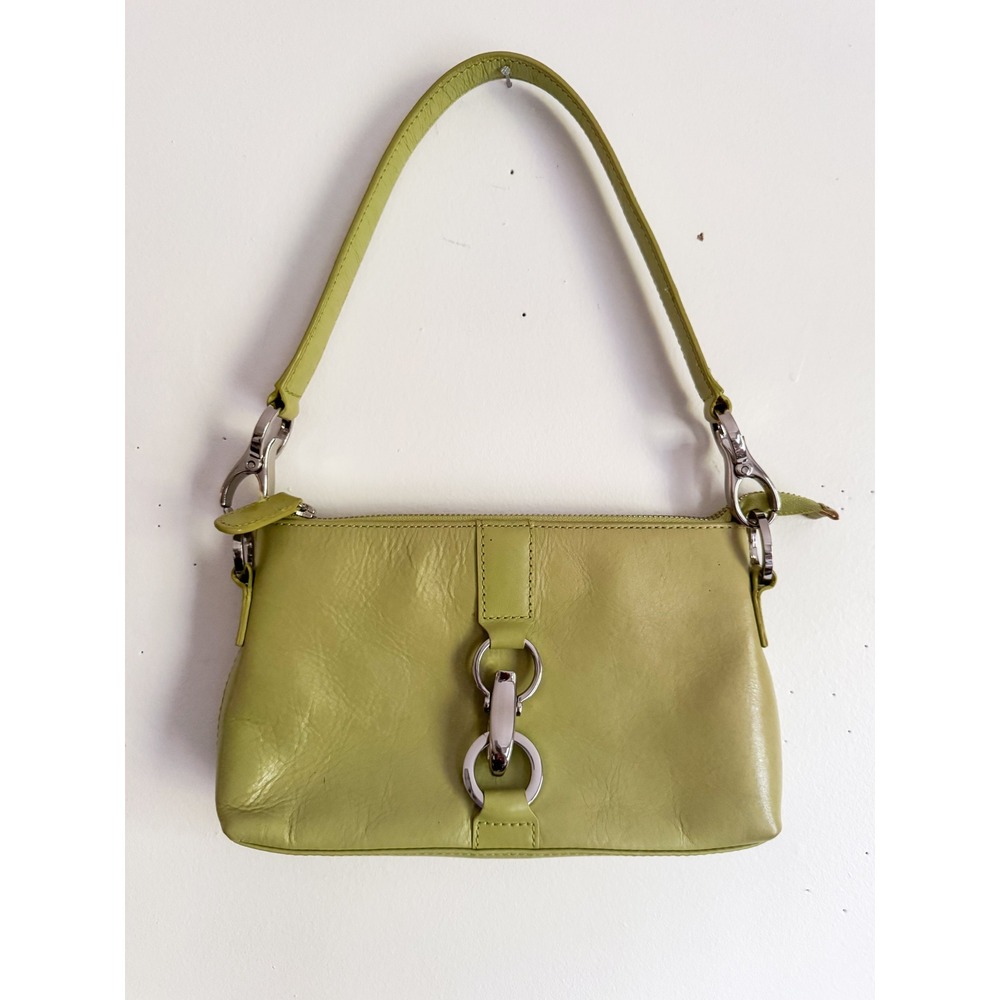 Lime Green Leather Baguette Shoulder Bag Y2K Pink Lining Silver Buckle